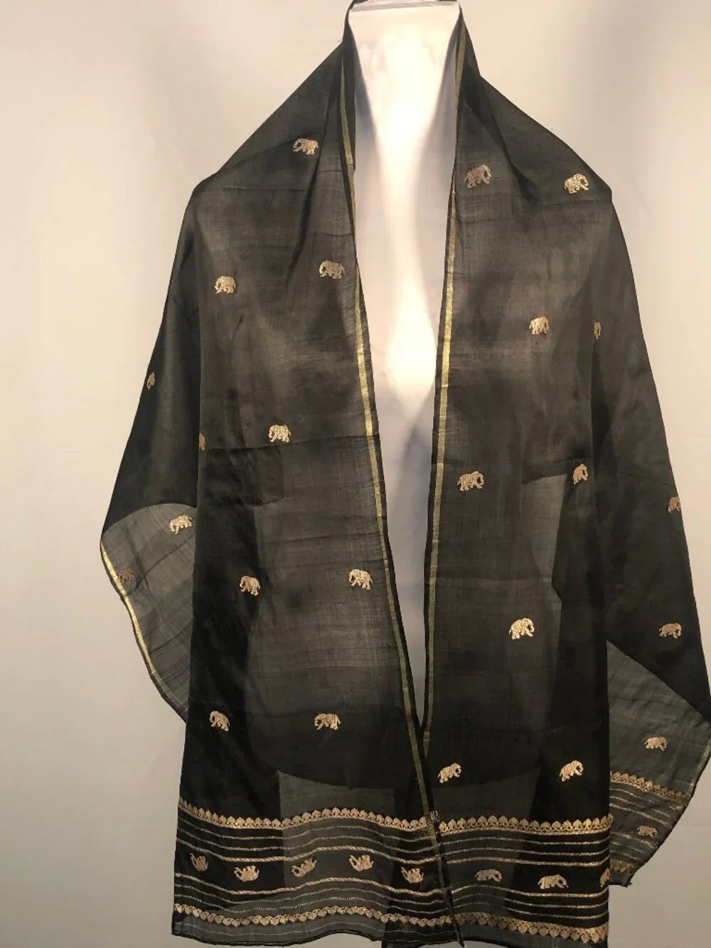 Sheer Black & Gold Embroidered Evening Scarf Shawl | Quiet Luxury